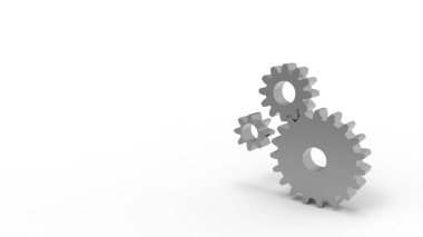 Beyaz arka planda üç gümüş dişli. 3d oluşturma.