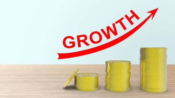 3 boyutlu metal altın sikkeyi sarıya boyayarak büyüme sözcüğü yığını oluşturun. Kırmızı ok ve yüzde ikon ile grafiği yükseltin. Risk yönetimi iş mali ve yatırım yüzdesi faiz oranlarını yönetin.