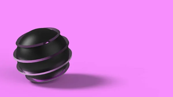 黑色和紫色粉红球 球面上有线条条纹 在粉红色的背景上隔离 对黑白对比度的未来主义图像 3D渲染 — 图库照片