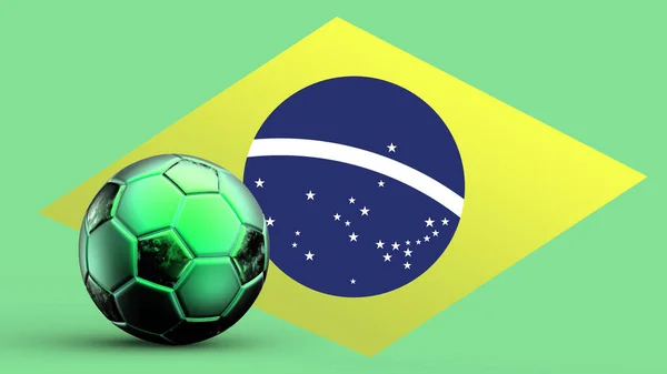 Flag of brazil with metal soccer ball, national soccer flag, soccer world cup, football european soccer, american and african championship, 3d render background hd illustration