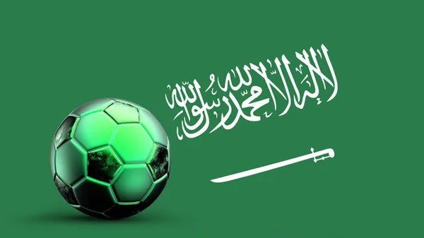サウジアラビアの国旗と金属サッカーボール サッカーの国旗 サッカーのワールドカップ サッカーヨーロッパのサッカー アメリカとアフリカの選手権 3Dレンダリングの背景Hdイラスト — ストック写真