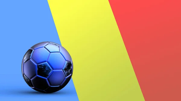 罗马尼亚国旗与金属足球 国家足球旗帜 足球世界杯 足球欧洲足球 美国和非洲锦标赛 3D背景图片 — 图库照片