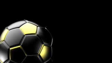 Siyah arka planda izole edilmiş sarı ve siyah futbol topu. Football 3d yanıltmaca.