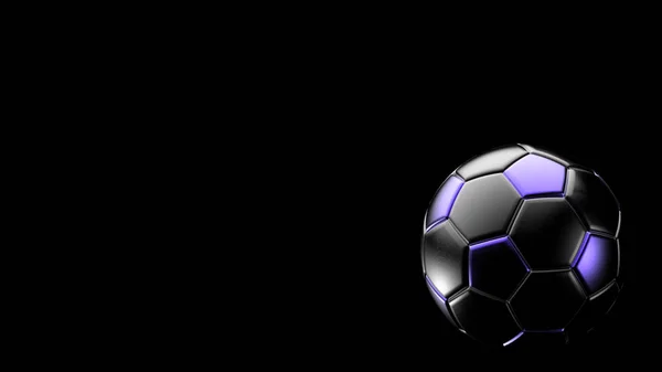 Βιολετί Και Μαύρη Μπάλα Ποδοσφαίρου Μέταλλο Απομονώνονται Μαύρο Φόντο Ποδόσφαιρο — Φωτογραφία Αρχείου
