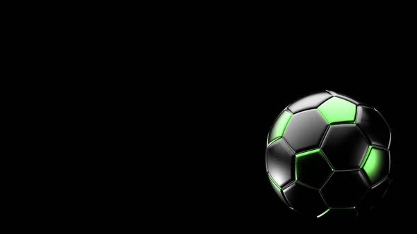 绿色和黑色足球金属球隔离在黑色背景 足球3D让人精神错乱 — 图库照片
