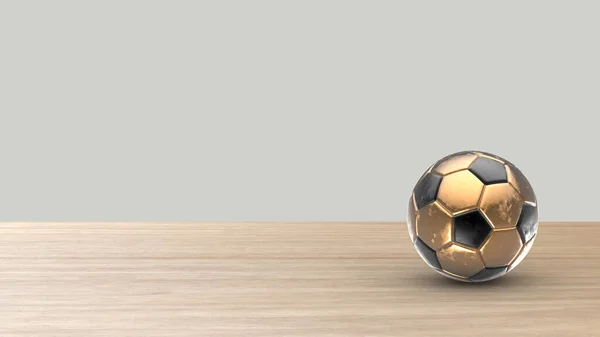 金色足球金属球木制桌子上的足球 白色灰色背景 为您的文字复制空间 运动队的目标 说明3D — 图库照片