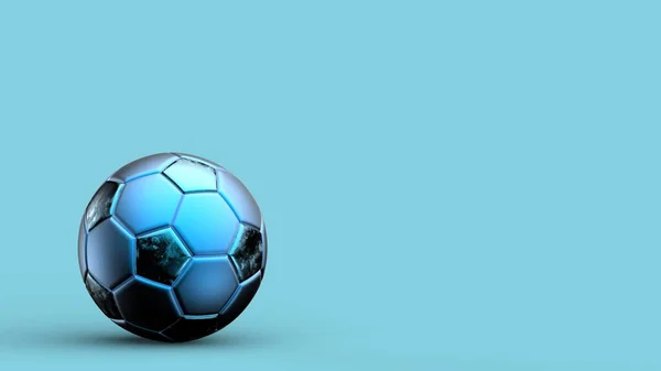 蓝色和黑色足球金属球隔离在彩色背景 足球3D让人精神错乱 — 图库照片