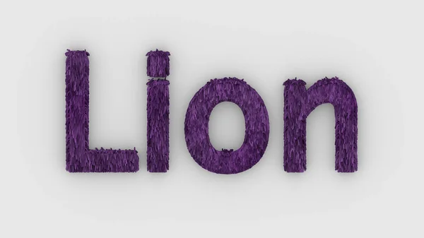 Lion Λέξη Μωβ Λευκό Φόντο Δίνουν Τριχωτά Γράμματα Πρότυπο Σχεδιασμού — Φωτογραφία Αρχείου