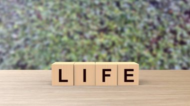 Yaşam sözcüğü tahta küpleri masa üzerinde dikey olarak yeşil yapraklara tırmanarak, şablon oluşturarak, metin için kopya alanı ile pankart, insan hayatı, üç boyutlu resimleme