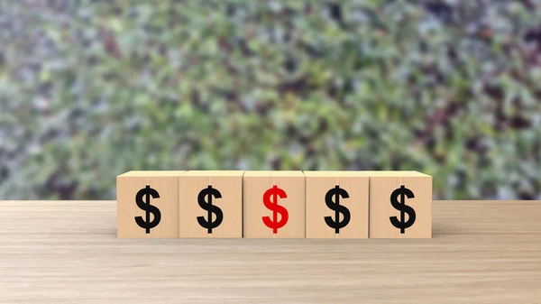 Dollar Teken Symbool Woord Houten Kubussen Tafel Horizontaal Wazig Achtergrond — Stockfoto