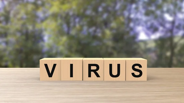 Virus - word wooden cubes on table horizontal over forest trees, corona virus, infected wood, hacker attack online, pandemic disease, danger china vaccine. Medicine viral. ncov. cyber risk