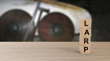 Büyük kelime tahta küpler masa üzerinde dikey bulanık kalkan, tekne, kılıç ve balta HD üzerinde. metin, canlı aksiyon rol yapma, kavga, illüstrasyon 3d canlandırması için kopyalama alanı olan şablon, pankart