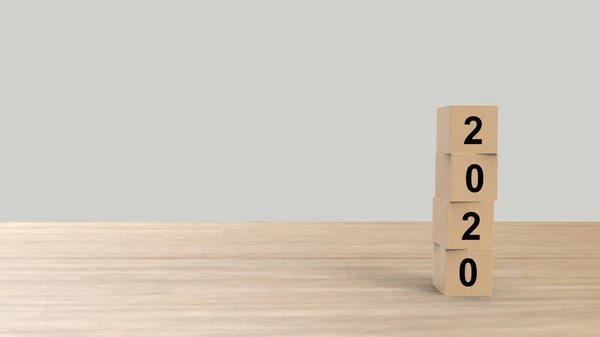 2020 Zahlen Wort Holzwürfel Auf Tisch Vertikal Über Grauem Licht — Stockfoto