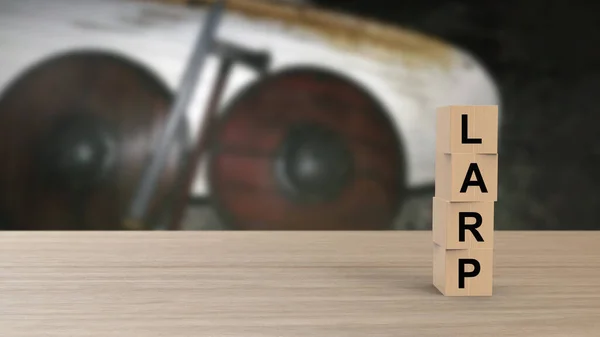 Büyük kelime tahta küpler masa üzerinde dikey bulanık kalkan, tekne, kılıç ve balta HD üzerinde. metin, canlı aksiyon rol yapma, kavga, illüstrasyon 3d canlandırması için kopyalama alanı olan şablon, pankart