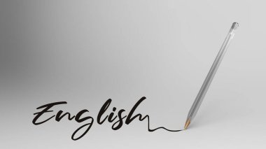 Kaligrafi ile yazılmış İngilizce, beyaz arka planda şeffaf plastik tükenmez kalem, bibik, 3d illüstrasyon hd. Eğitim, dil bilgisi, dil. Okul, kırtasiye, ofis.