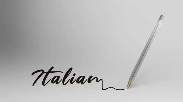 Italian, Italian word written with calligraphy with Transparent plastic ball pen on white background, bic, 3d illustration render hd. training, grammar, language. school studying, stationery, office