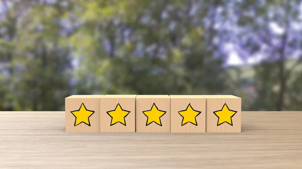 Five Star Cartoon Sketch Style Wooden Cube Review Blur Trees — Stock Photo, Image