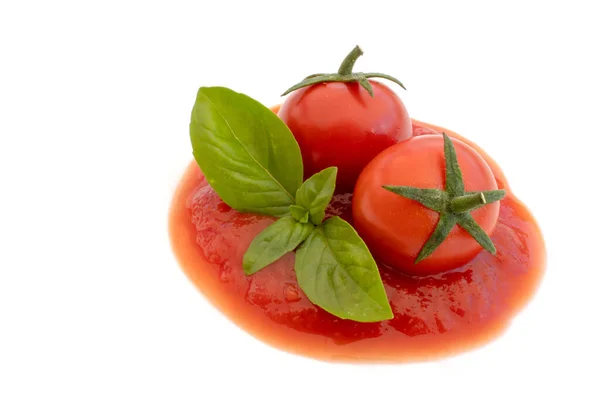 トマトソースのトマト 白い背景にバジルが隔離されたソースのライントレイル イタリア料理パスタの写真デザイン — ストック写真
