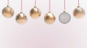 Oranžové vánoční koule s oranžovým pozadím. barevné vánoční koule pro vánoční stromeček, vánoční sklo, kovové a plastové kuličky. Skupina Baubles závěsné prázdninové dekorace šablony. 3D vykreslení ilustrace