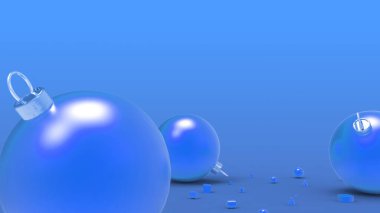 Beyaz arkaplanlı mavi Noel topları. Noel ağacı, Xmas camı, metal ve plastik top için renkli Noel topları. Bir grup Bauble tatil süslemesi asıyor. 3d resimleme