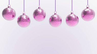 Beyaz arkaplanlı pembe Noel topları. Noel ağacı, Xmas camı, metal ve plastik top için renkli Noel topları. Bir grup Bauble tatil süslemesi asıyor. 3d resimleme