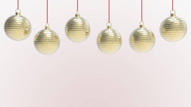 Sarı arkaplanlı sarı Noel topları. Noel ağacı, Xmas camı, metal ve plastik top için renkli Noel topları. Bir grup Bauble tatil süslemesi asıyor. 3d resimleme