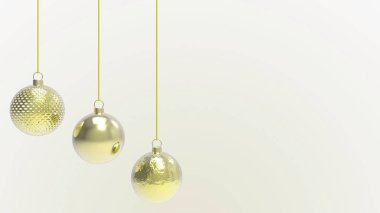 Sarı arkaplanlı sarı Noel topları. Noel ağacı, Xmas camı, metal ve plastik top için renkli Noel topları. Bir grup Bauble tatil süslemesi asıyor. 3d resimleme