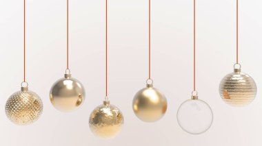 Turuncu arka planlı turuncu Noel topları. Noel ağacı, Xmas camı, metal ve plastik top için renkli Noel topları. Bir grup Bauble tatil süslemesi asıyor. 3d resimleme