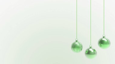 Beyaz arkaplanlı yeşil Noel topları. Noel ağacı, Xmas camı, metal ve plastik top için renkli Noel topları. Bir grup Bauble tatil süslemesi asıyor. 3d resimleme