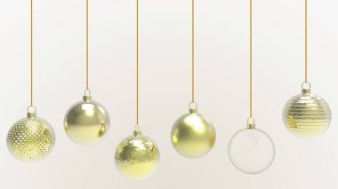 Sarı arkaplanlı sarı Noel topları. Noel ağacı, Xmas camı, metal ve plastik top için renkli Noel topları. Bir grup Bauble tatil süslemesi asıyor. 3d resimleme