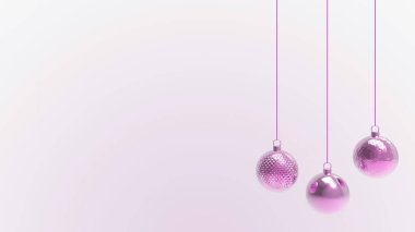 Beyaz arkaplanlı pembe Noel topları. Noel ağacı, Xmas camı, metal ve plastik top için renkli Noel topları. Bir grup Bauble tatil süslemesi asıyor. 3d resimleme