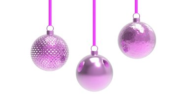 Beyaz arkaplanlı pembe Noel topları. Noel ağacı, Xmas camı, metal ve plastik top için renkli Noel topları. Bir grup Bauble tatil süslemesi asıyor. 3d resimleme