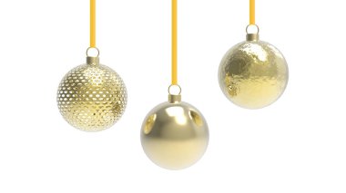 Turuncu arka planlı turuncu Noel topları. Noel ağacı, Xmas camı, metal ve plastik top için renkli Noel topları. Bir grup Bauble tatil süslemesi asıyor. 3d resimleme