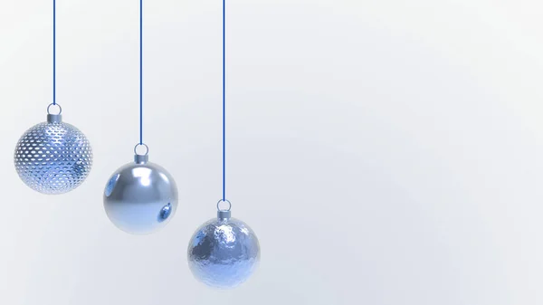 Beyaz arkaplanlı mavi Noel topları. Noel ağacı, Xmas camı, metal ve plastik top için renkli Noel topları. Bir grup Bauble tatil süslemesi asıyor. 3d resimleme
