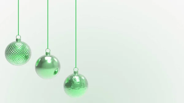Green Christmas balls with white background. colorful xmas balls for christmas tree, Xmas glass, metal and plastic ball. Group of Baubles hanging Holiday decoration template. 3d render illustration