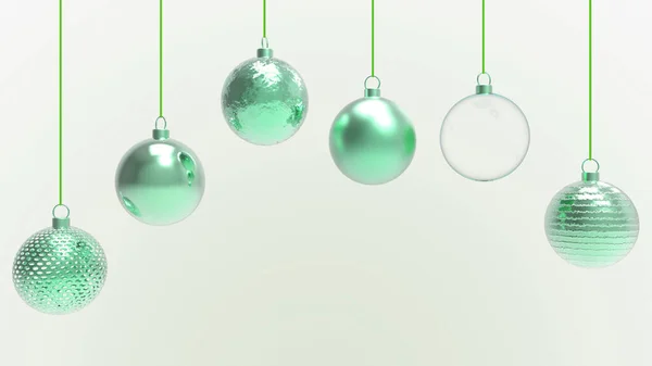 Green Christmas balls with white background. colorful xmas balls for christmas tree, Xmas glass, metal and plastic ball. Group of Baubles hanging Holiday decoration template. 3d render illustration