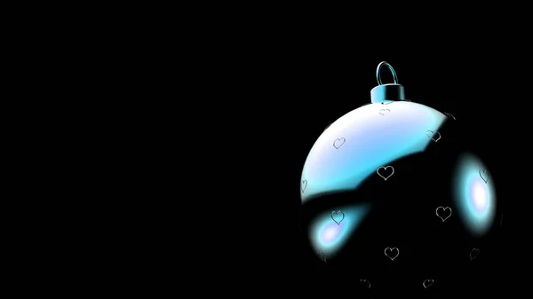 Bola Azul Natal Com Padrão Coração Fundo Preto Bolas Xmas — Fotografia de Stock