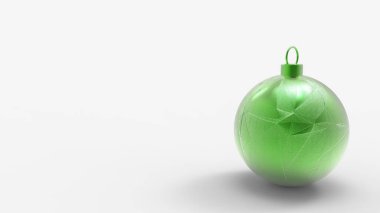 Beyaz arkaplanlı yeşil Noel topları. Noel ağacı, Xmas camı, metal ve plastik top için renkli Noel topları. Bir grup Bauble tatil süslemesi asıyor. 3d resimleme