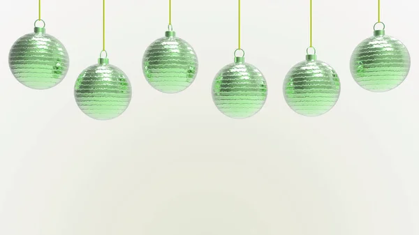 Green Christmas balls with white background. colorful xmas balls for christmas tree, Xmas glass, metal and plastic ball. Group of Baubles hanging Holiday decoration template. 3d render illustration