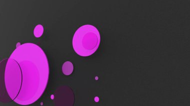 Mor metal ve mat daireler ve renkli arkaplanda silindirler. Şeffaf camlı grafik tasarımı için soyut arkaplan. 3d resimleme