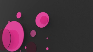 Renkli arka planda pembe metal, opak daireler ve silindirler. Şeffaf camlı grafik tasarımı için soyut arkaplan. 3d resimleme