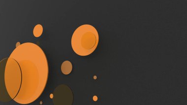 Renkli arka planda turuncu metal ve opak daireler ve silindirler. Şeffaf camlı grafik tasarımı için soyut arkaplan. 3d resimleme