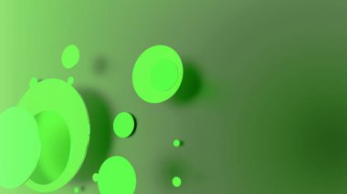 Renkli arka planda yeşil metal ve opak daireler ve silindirler. Şeffaf camlı grafik tasarımı için soyut arkaplan. 3d resimleme