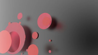 Renkli arka planda kırmızı metal ve mat daireler ve silindirler. Şeffaf camlı grafik tasarımı için soyut arkaplan. 3d resimleme