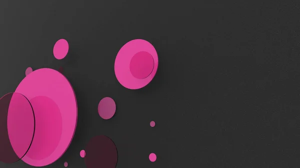 Renkli arka planda pembe metal, opak daireler ve silindirler. Şeffaf camlı grafik tasarımı için soyut arkaplan. 3d resimleme