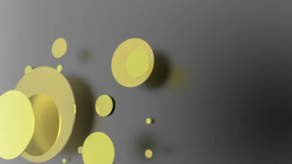Sarı metal ve opak daireler ve renkli arkaplanda silindirler. Şeffaf camlı grafik tasarımı için soyut arkaplan. 3d resimleme