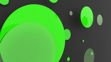 Renkli arka planda yeşil metal ve opak daireler ve silindirler. Şeffaf camlı grafik tasarımı için soyut arkaplan. 3d resimleme