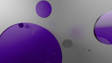 Mor metal ve mat daireler ve renkli arkaplanda silindirler. Şeffaf camlı grafik tasarımı için soyut arkaplan. 3d resimleme