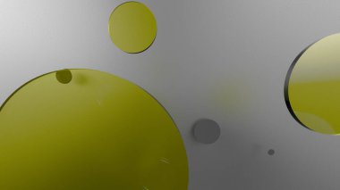 Sarı metal ve opak daireler ve renkli arkaplanda silindirler. Şeffaf camlı grafik tasarımı için soyut arkaplan. 3d resimleme