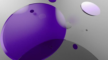 Mor metal ve mat daireler ve renkli arkaplanda silindirler. Şeffaf camlı grafik tasarımı için soyut arkaplan. 3d resimleme